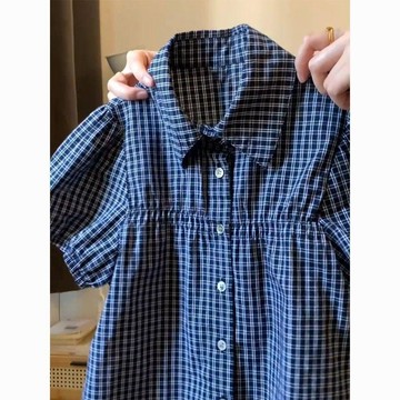 【砂糖夢境】韓系復古藍色格子短袖寬鬆襯衫女夏季泡泡袖高級感洋氣翻領小上衣
