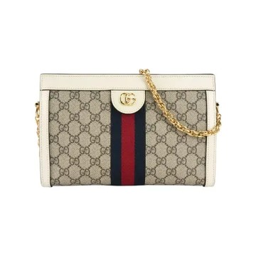 【GUCCI】Ophidia GG 藍紅織帶皮革飾邊鏈包(烏木色/白色)_展示品