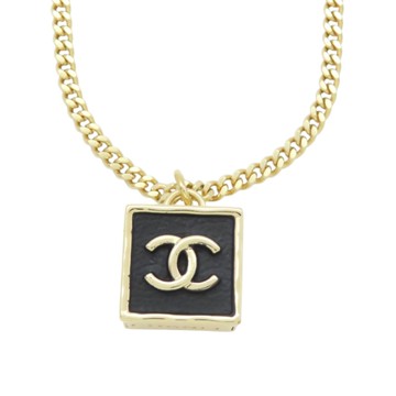 CHANEL 香奈兒 黑色皮革 金色鍍金 方塊雙C 項鍊 【二手名牌BRAND OFF】