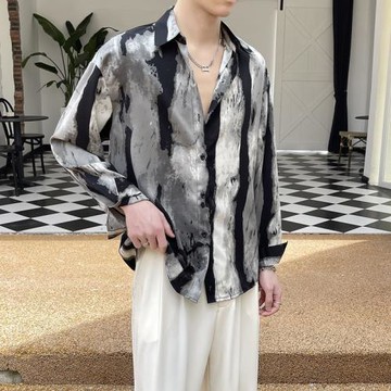 夏季垂感潑墨襯衫男寬松長袖INS痞帥潮流薄款冰絲韓版休閑花襯衣