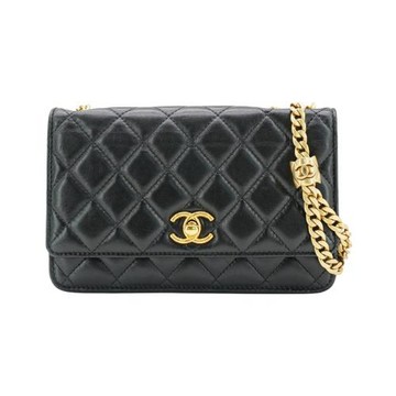 二手品 Chanel 菱格紋羊皮金球調節釦斜背包Woc(AP3043-黑)