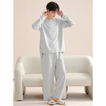 華夫格睡衣男士春秋季2024年新款長袖青少年外穿大碼棉家居服套裝