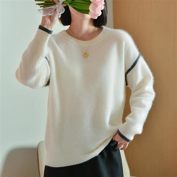 【米蘭精品】現貨+預購 100%羊毛衣針織衫發熱衣長袖保暖內搭加絨寬鬆大碼休閒-圓領撞色女上衣2色74nc37