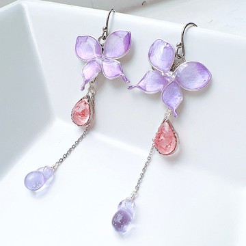 蝶舞絲帶樹脂滴膠耳夾 (薔薇石英綴飾) 醫療級不鏽鋼 316L _ 0037