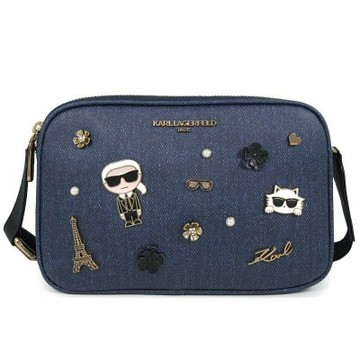 KARL LAGERFELD MAYBELL 徽章款卡爾與寵貓的巴黎鐵塔雙層大相機斜背包(靛藍色)