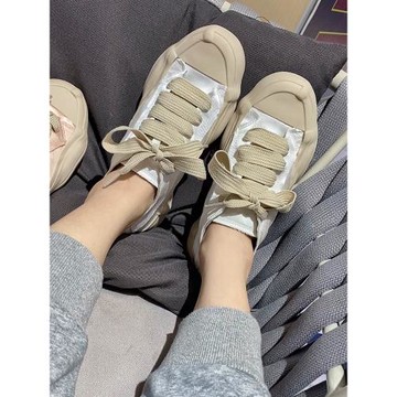 厚底綢緞小白鞋女夏小眾設計感帆布溶解半拖鞋一腳蹬休閑運動板鞋