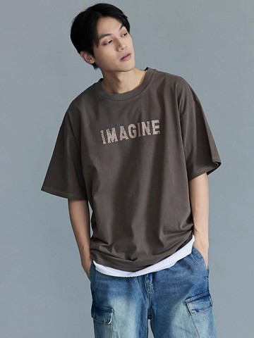 IMAGINE斑駁字體仿舊落肩TEE (咖啡色)
