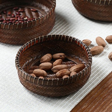 竹編果籃 圓形家用收納筐 水果盤 收納籃 復古碳化竹籃 酒店飯店