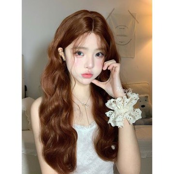 哼唧網紅假發中分女長發波浪卷長卷發一字蕾絲焦糖棕假發套頭套