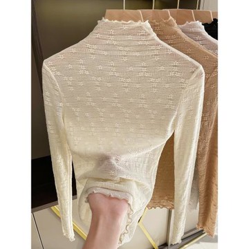 半高領蕾絲打底衫女春秋薄款洋氣木耳邊內搭紗衣透視鏤空網紗上衣