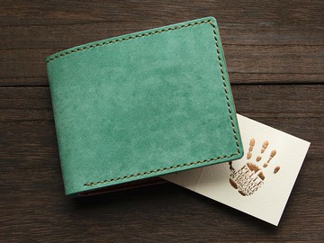 義大利皮革 Maya 手工縫製雙折錢包Aqua