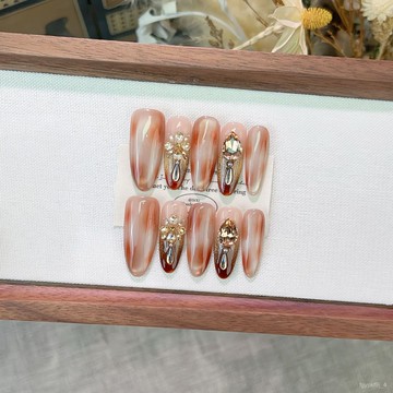 🎀純手工穿戴甲🎀純手工【琥珀琉璃】高級暈染貓眼秋冬款美拉德堆鑽氣質顯白穿戴甲新年美甲貼片高級感穿戴甲顯白美甲片 ZRHI