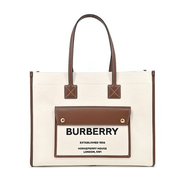 BURBERRY  新款 Freya 帆布拼接皮革中款手提/肩背包(米X棕)_廠商直送