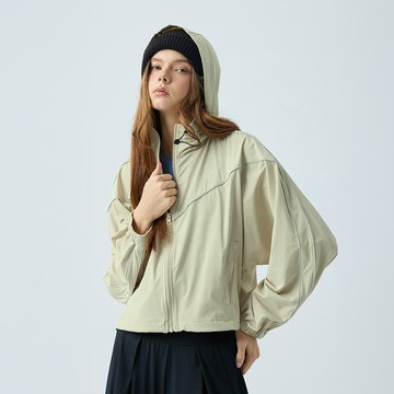 元動力 防曬可收納連帽短版外套(杏色；S-L)