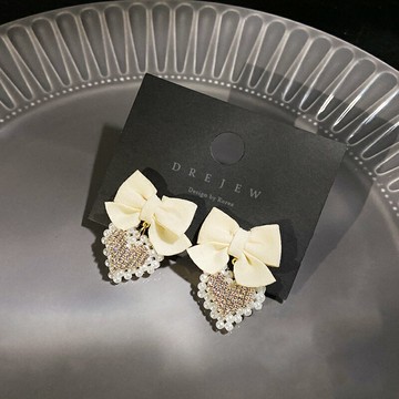 925銀針網紅耳環女感珍珠愛心絨布蝴蝶結耳墜時尚個性潮耳飾