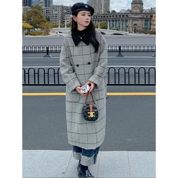 灰色羊毛雙面呢子大衣女2025秋冬新款雙排扣格紋氣質休閑毛呢外套