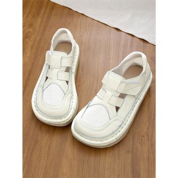 踩屎感真皮夏季涼鞋寬頭厚底手工縫制孕婦鞋森系羅馬鏤空透氣女鞋