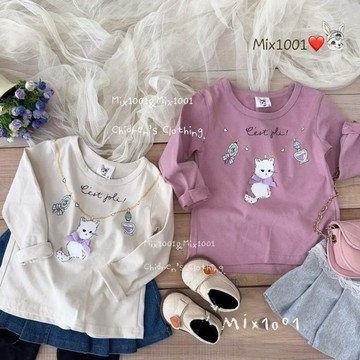 🌈✨mix1001香水貓咪項鏈燙金印圖上衣 ✨兒童蝴蝶結白色貓咪上衣5-17