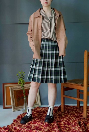 尋寶古著-學院綠白格紋百褶裙