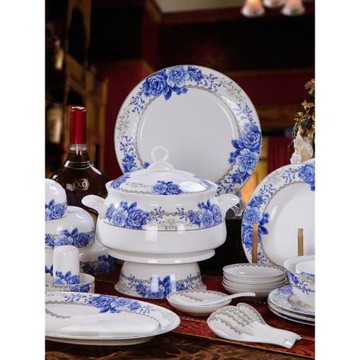 正宗景德鎮骨瓷58頭釉中彩高檔青花玲瓏瓷天絲花語餐具套裝碗盤