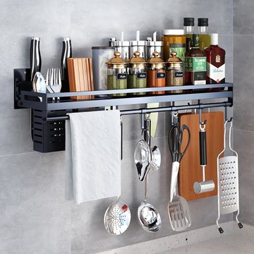 黑色不銹鋼廚房置物架壁掛式墻上免打孔調味料收納刀架家用省空間