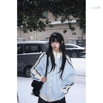 保暖外套🏅韓系學院風拼色條紋立領衛衣外套女秋冬新款寬鬆慵懶風夾克棒球服