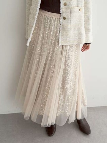 閃閃亮片薄紗層疊飄逸長裙(07001225500) - YECCA VECCA