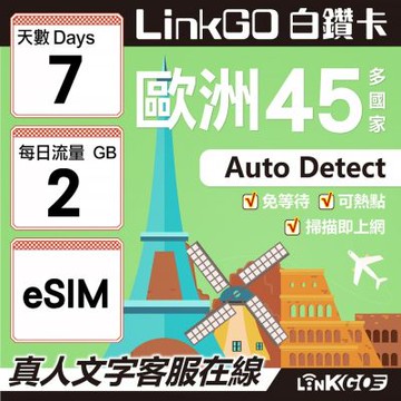 LINKGO白鑽卡  歐洲45國 eSIM卡 7天上網卡 每日2GB (歐洲網卡 西班牙 德國 奧地利 英國)