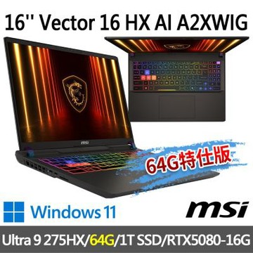 msi微星 Vector 16 HX AI A2XWIG-014TW 16吋 電競筆電 (Ultra 9 275HX/64G/1T SSD/RTX5080-16G/Win11-64G特仕版)