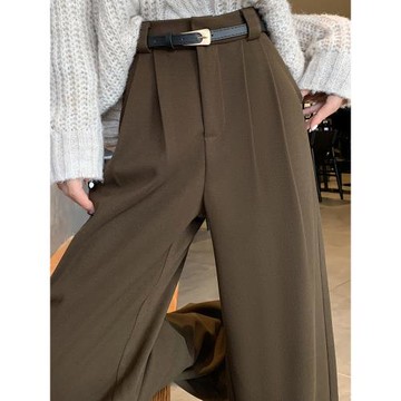 咖色高級感毛呢西裝褲子女秋冬季2025新款高腰寬松直筒窄版闊腿褲