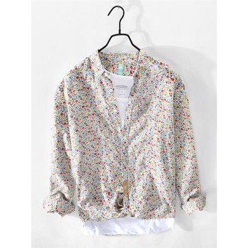 金潤麻夏季薄款印花亞麻襯衫男長袖寬松時尚小清新碎花棉麻襯衣潮