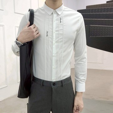 春季襯衫男士長袖棉婚禮休閑百搭修身正裝職業刺繡打底寸襯衣1入