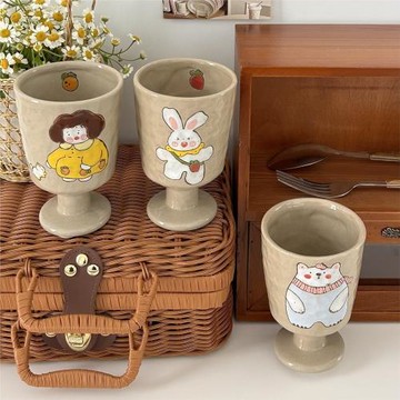 【國合陶瓷】新品粗陶系列ins卡通風高腳杯新品可愛風釉下彩