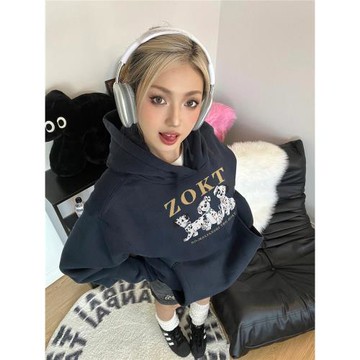 100%純棉美式潮牌oversize連帽衛衣女冬銀狐絨薄款設計感小眾外套