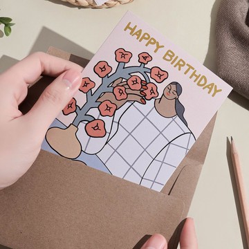 生日祝福卡，簡約風格，獻給女性。主題：Happy Birthday Woman and Flower Vase (女人與花瓶)。