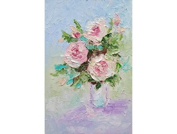 玫瑰花束原創繪畫、小花卉藝術品、迷你油畫牆藝術