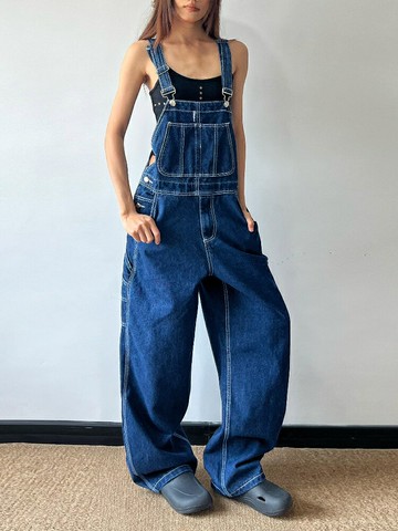 美式復古牛仔背帶褲男女高級感寬松工裝休閒減齡闊腿褲子【木屋雜貨】