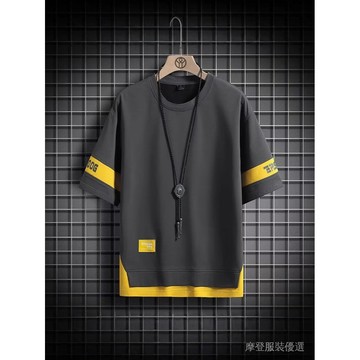 ✨新春新品✨ 跨境外貿 短袖T恤 男士 2025夏季 潮牌 青少年 圓領寬鬆 半袖假兩件上衣T     6UON