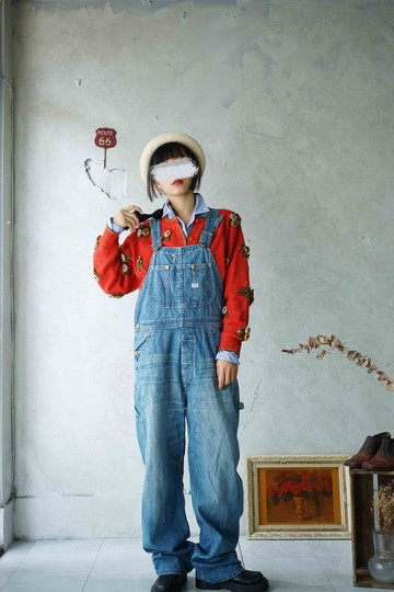 尋寶古著-Lee水洗藍中性直筒寬褲吊帶褲