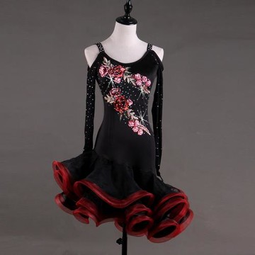 露肩長袖拉丁舞比賽演出服圓領貼花吉特巴三步踩連衣裙大擺裙新款