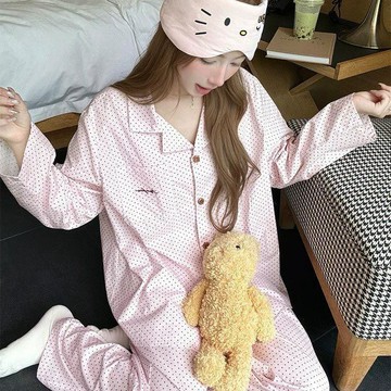 可可裡🌺ins風春秋季新款甜美少女波點睡衣女開衫長袖套裝寬鬆休閒家居服