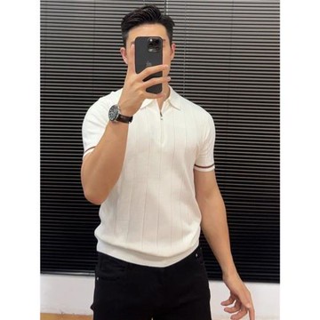 輕熟男生半拉鏈翻領針織短袖Polo衫秋季韓版休閑撞色高級感半截袖