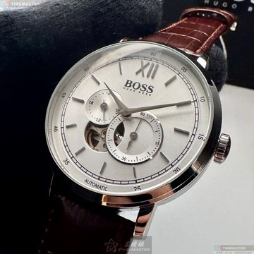 [星晴錶業]BOSS手錶,44mm,HB1513505銀白色錶面銀錶殼咖啡色真皮皮革錶帶款