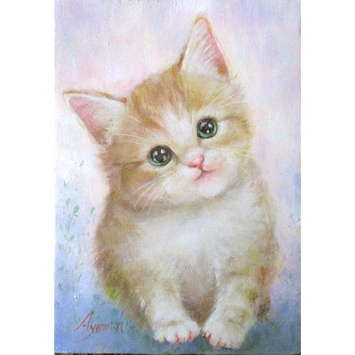 油彩画 洋画 (油絵額縁付きで納品対応可) F3号 「子猫２」 星野 歩