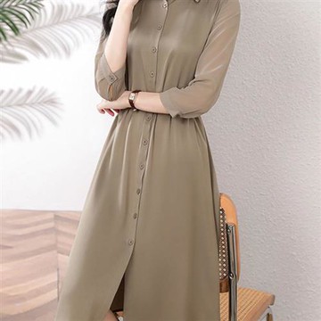 【米蘭精品】連身裙七分袖洋裝-新款修身氣質襯衫女裙子灰駝色74is60