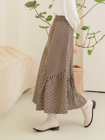 復古格紋不規則拼接傘擺中長裙
