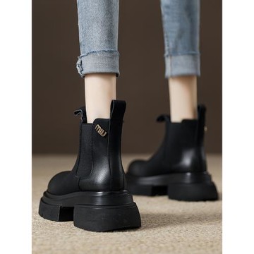 真皮加絨馬丁靴女英倫風厚底切爾西短筒靴2024冬季新款棉鞋瘦瘦靴