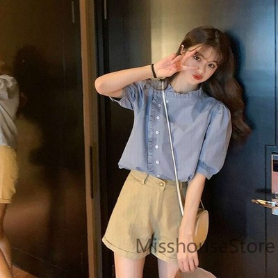 レディース ブラウス 立ち襟フリル 半袖 ショートシャツ トップス きれいめ 上品 エレガント おしゃれ お出かけ オフィス ブルー ホワイト S M L 通販 Lineポイント最大get Lineショッピング