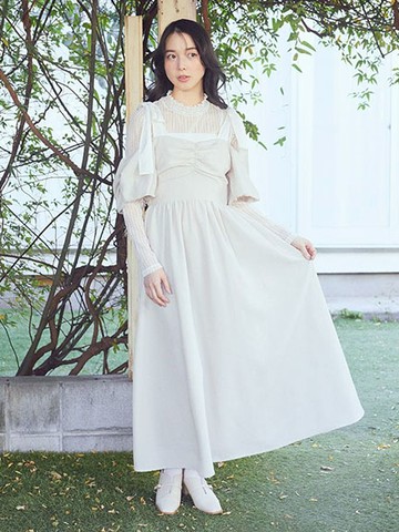 蝴蝶結肩帶露肩設計連身洋裝(01000117300) - earth music&ecology