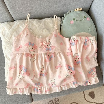 DUYI~夢詩 睡衣女款帶胸墊時尚夏季甜美雲朵棉吊帶短褲兩件套卡通可愛家居服